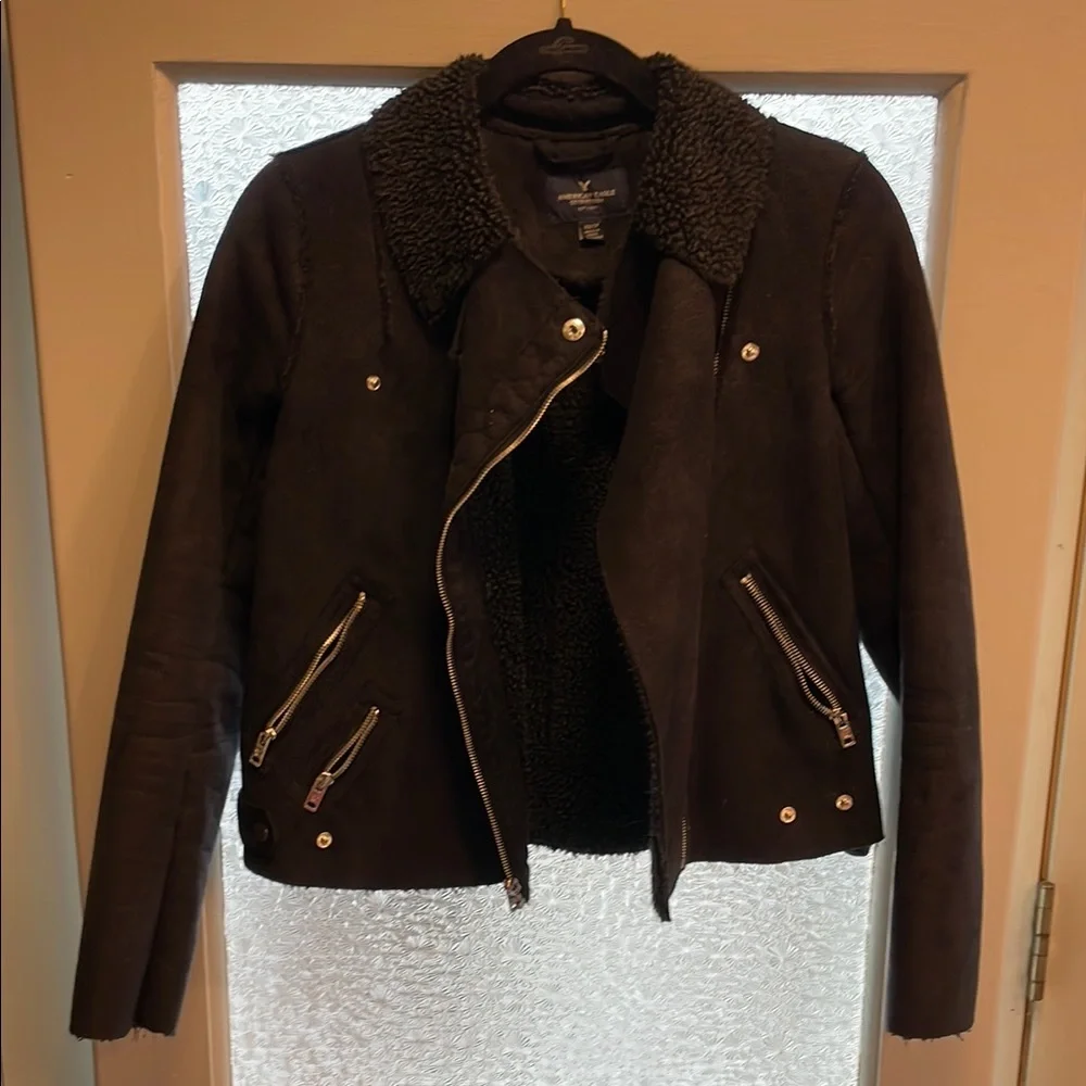 AE Black Shearling Moto Jacket - Picture 1 of 6